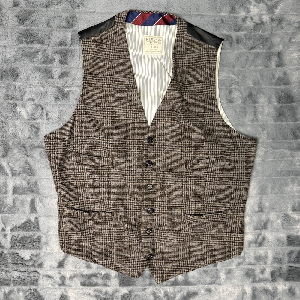 Merona Vest Mens Large Brown Plaid Tweed Suit Waistcoat Belted Formal Business